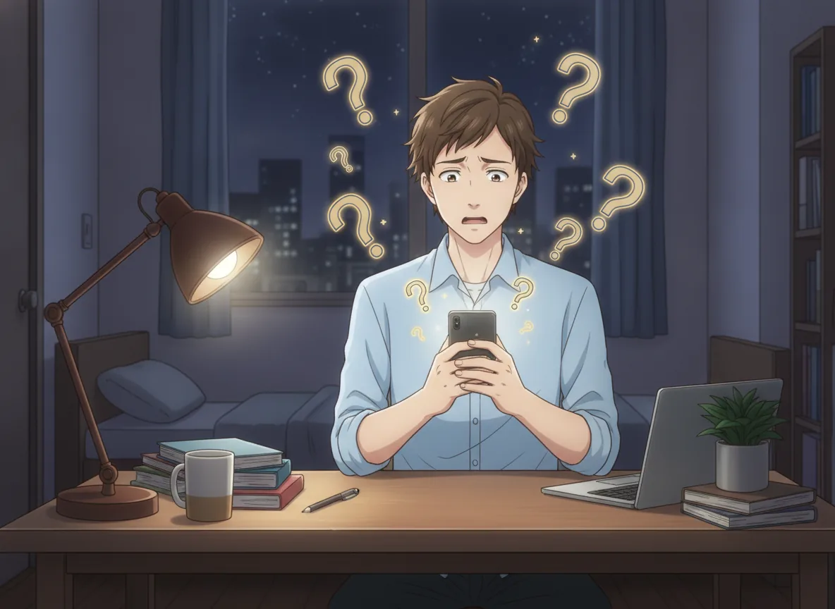 夜、スマートフォンを見て悩む男性
